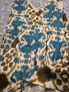 Jones New York Teal, Olive & Cream Printed V-Neck Summer Dress